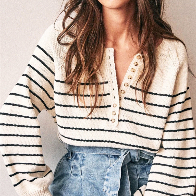 Knit Striped Half-Button V Neck Sweater