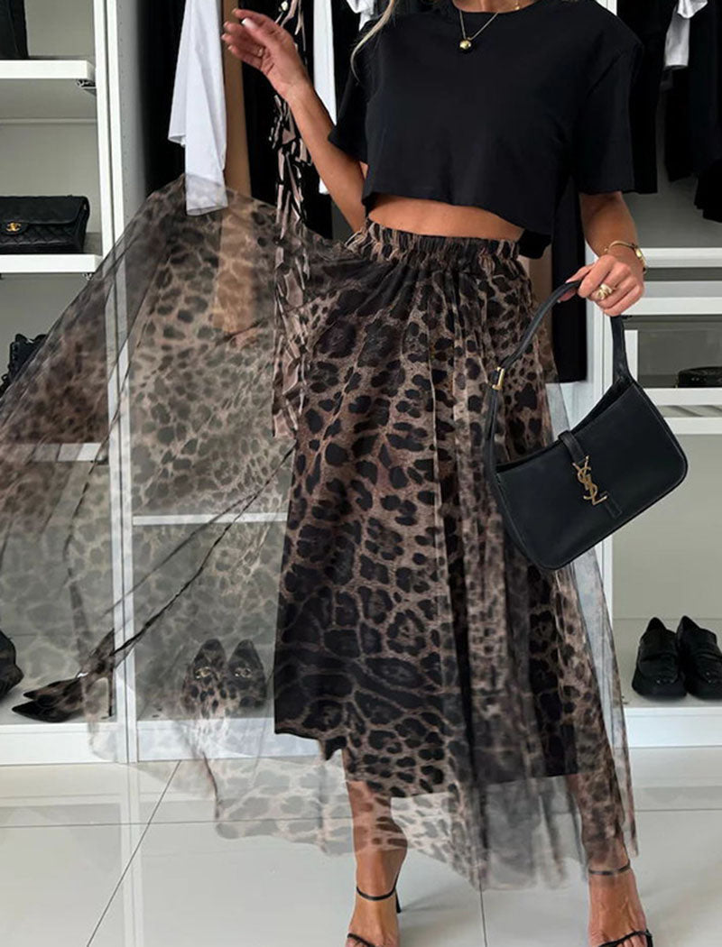 Leopard Print Tulle Overlay Midi Skirt