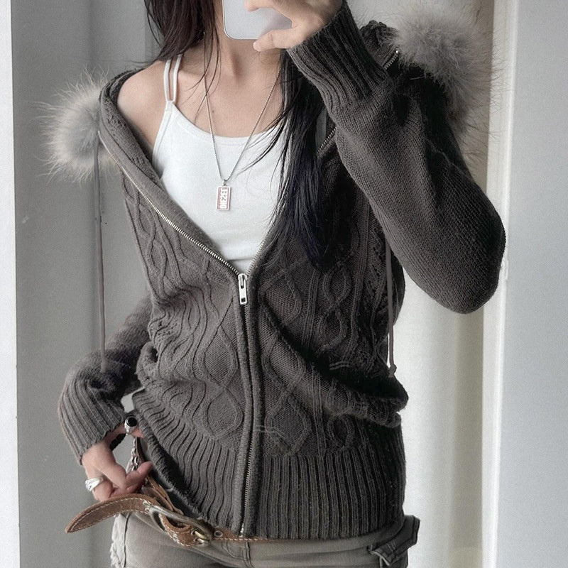 Cable Knit Zipper Cardigan Sweater