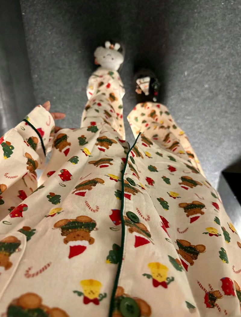 Long Sleeve Long Pants Cartoon Christmas Bear Pajama Set