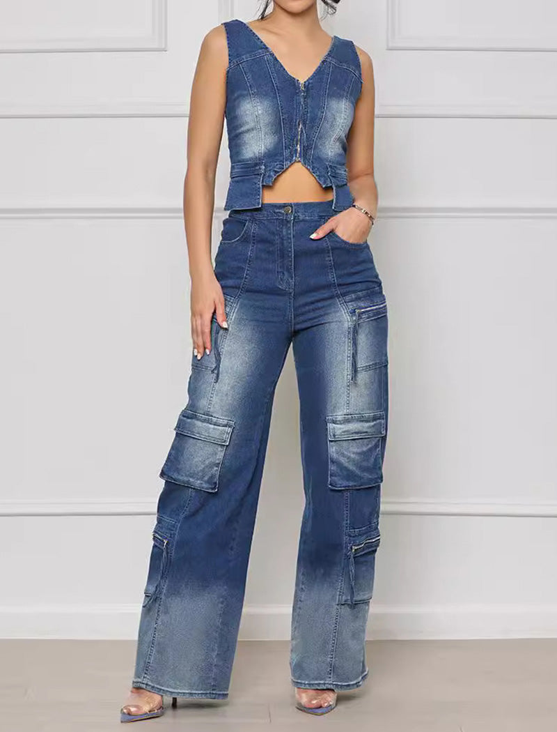 Denim Cargo Vest and Wide-Leg Pants Set