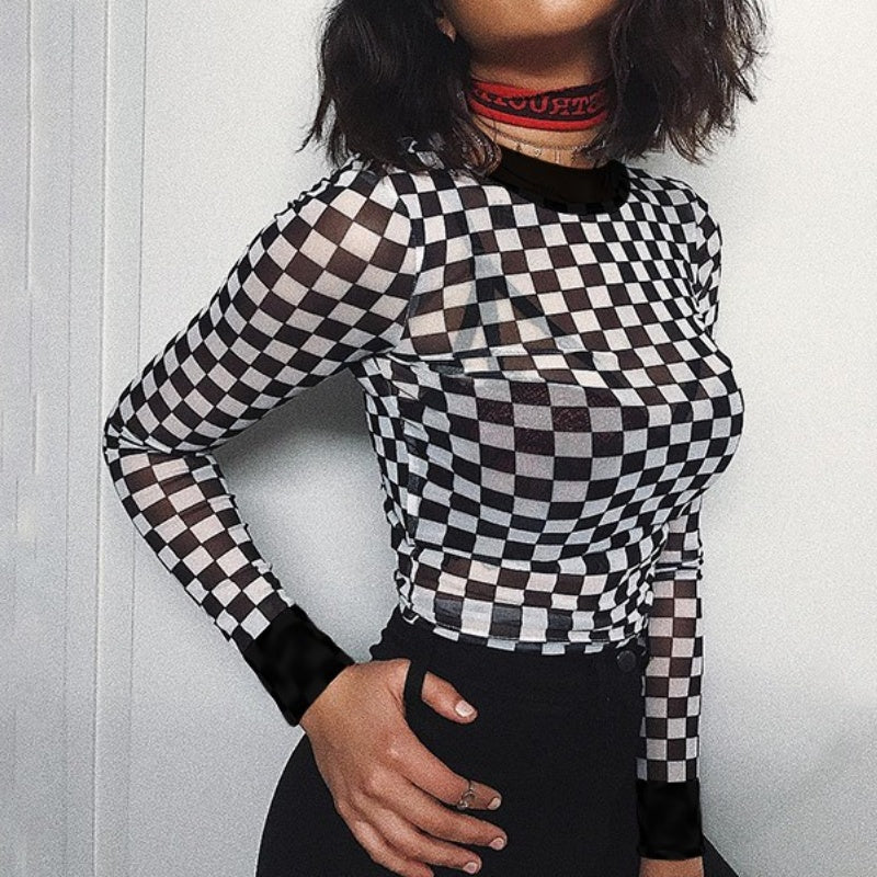 Sheer Checkered Long Sleeve Top