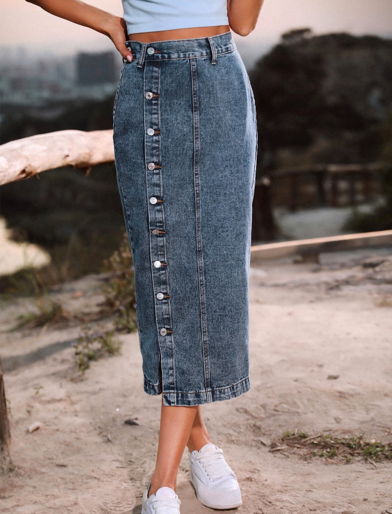 High-Rise Button-Front Denim Midi Skirt