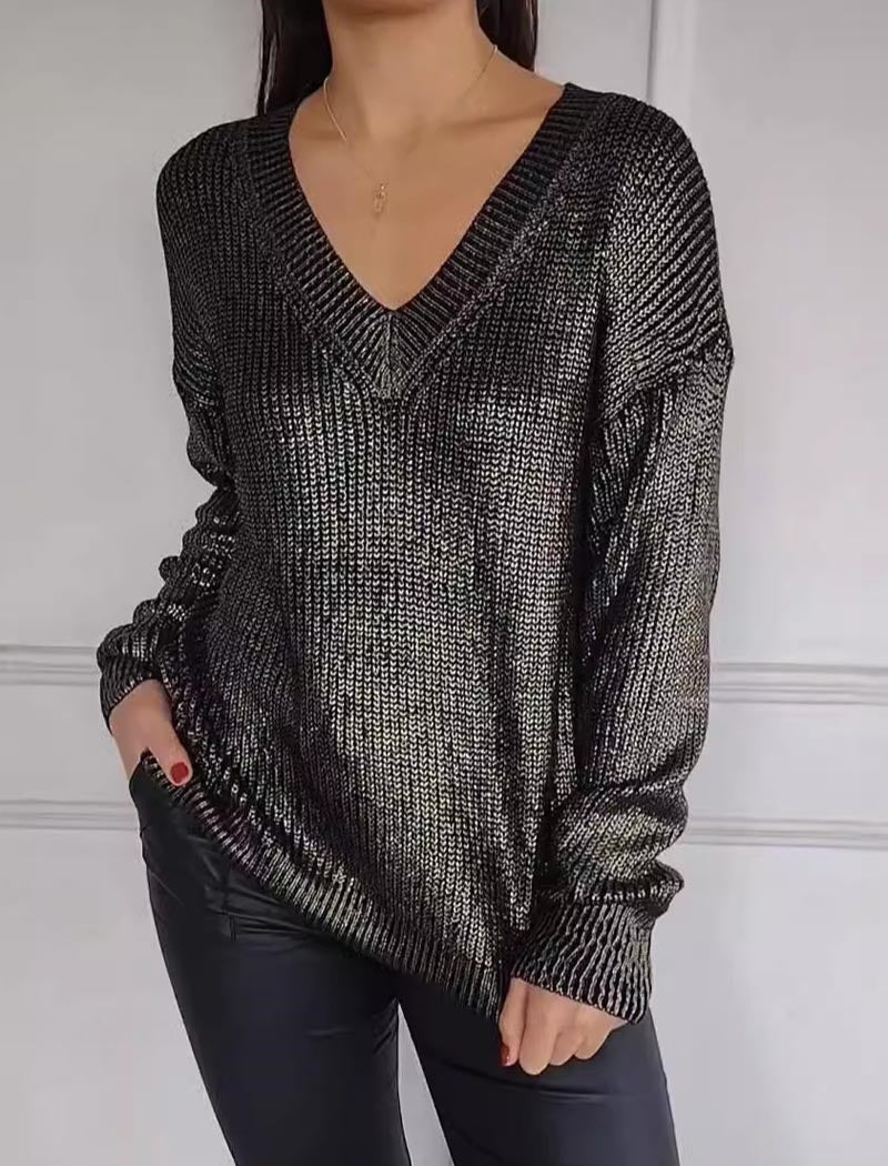 V Neck Metallic Knit Sweater