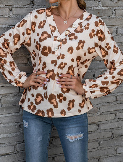 Leopard Print V-Neck Off-Shoulder Long Sleeve Top