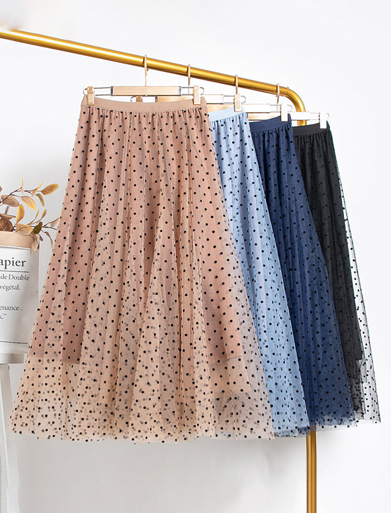 Polka Dot Mesh Layered Midi Skirt