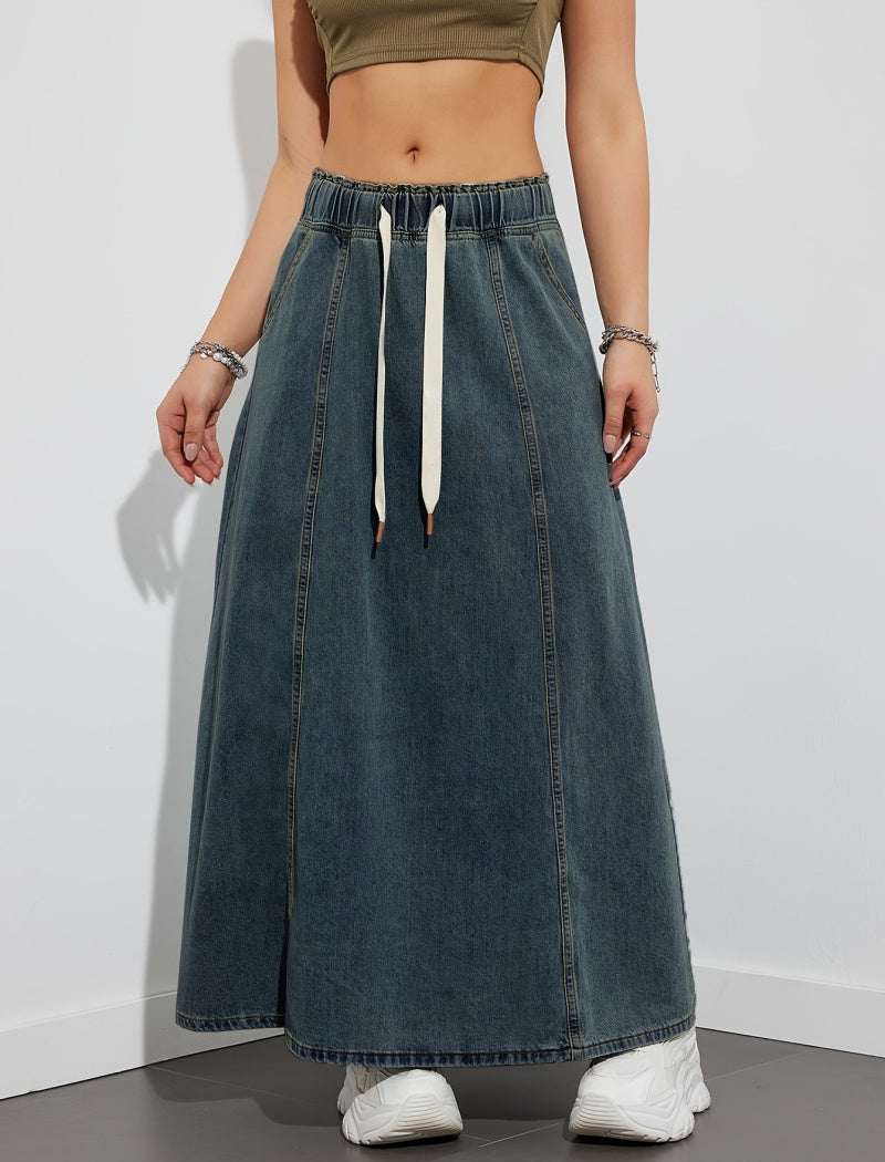 Drawstring Waist Denim Maxi Skirt