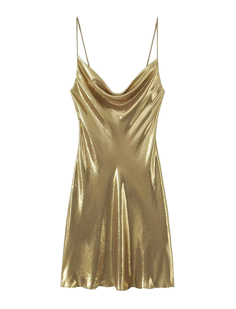 Shiny Cowl Neck Mini Dresses