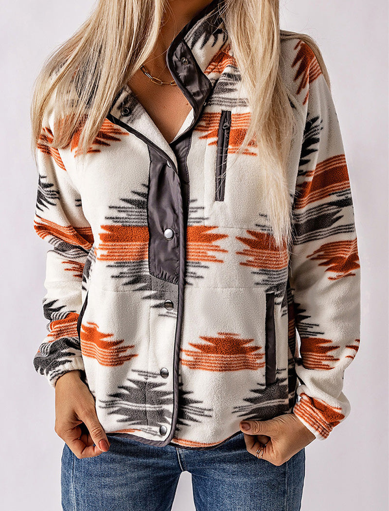 Aztec Print Button-Up Fleece Jacket