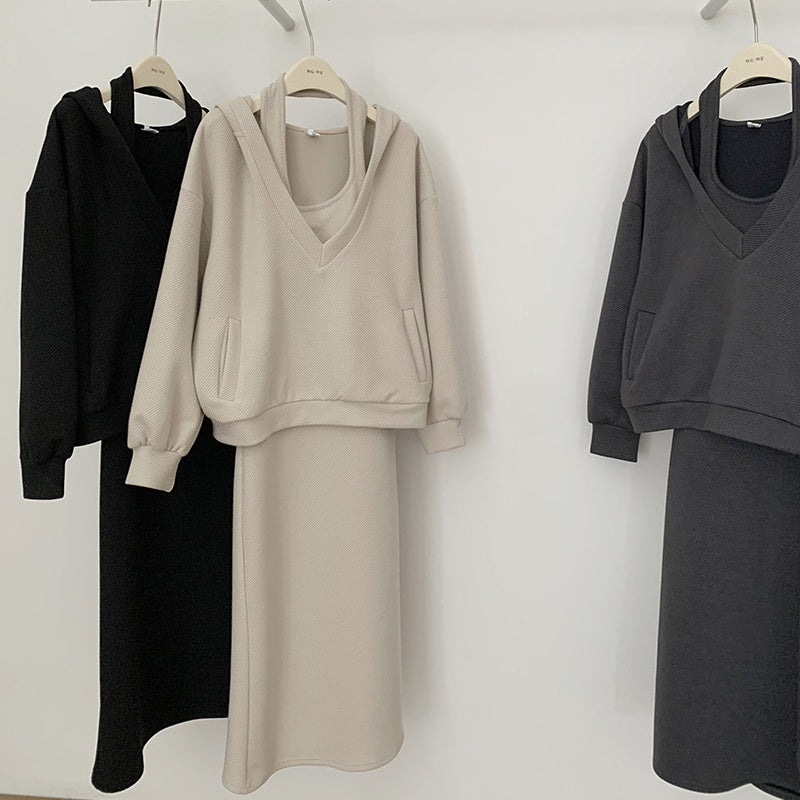 Hooded Two-Piece Knit Skirt Set