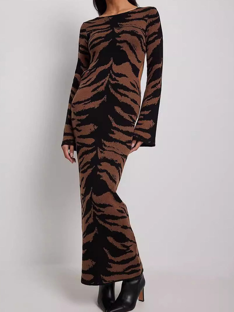 Leopard Cutout Long-Sleeve Knit Dress