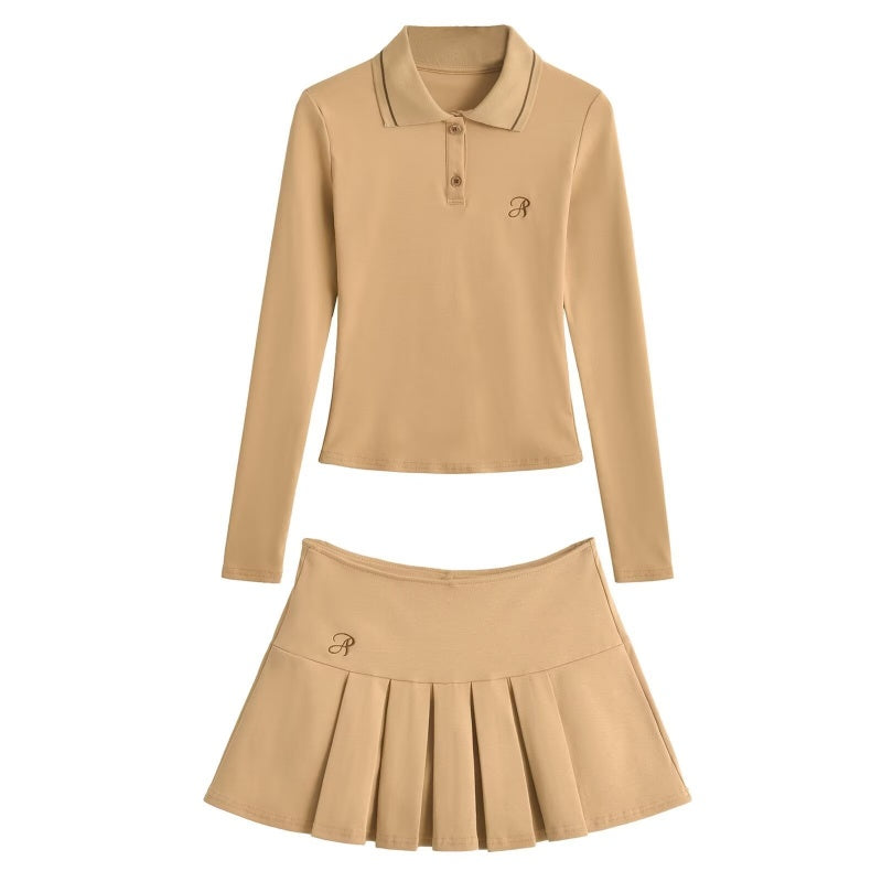 Polo Collar Colorblock Long Sleeve Top and Pleated Skirt Set