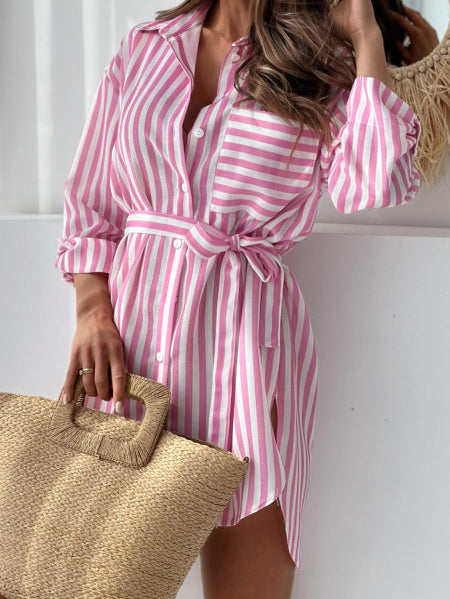 Striped Self-Tie Shirt Dress