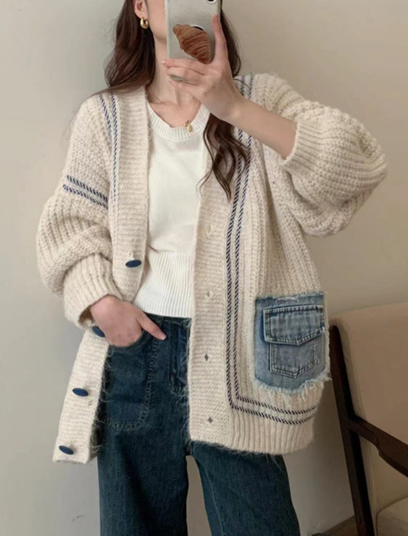 Knit Cardigan with Denim Patch Pockets
