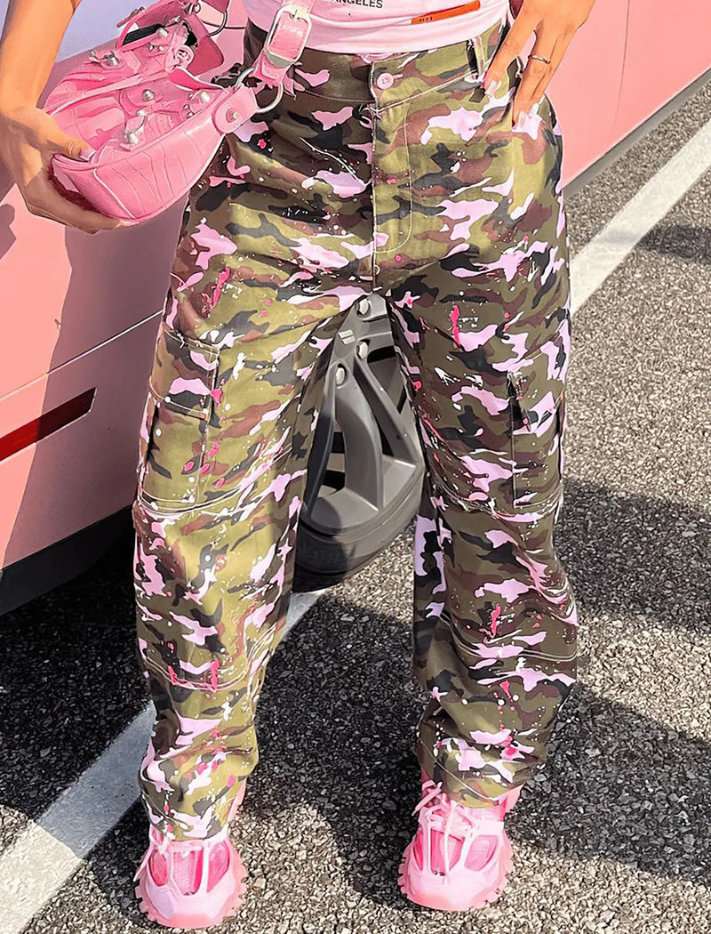 Camouflage Pattern High-Waisted Cargo Pants