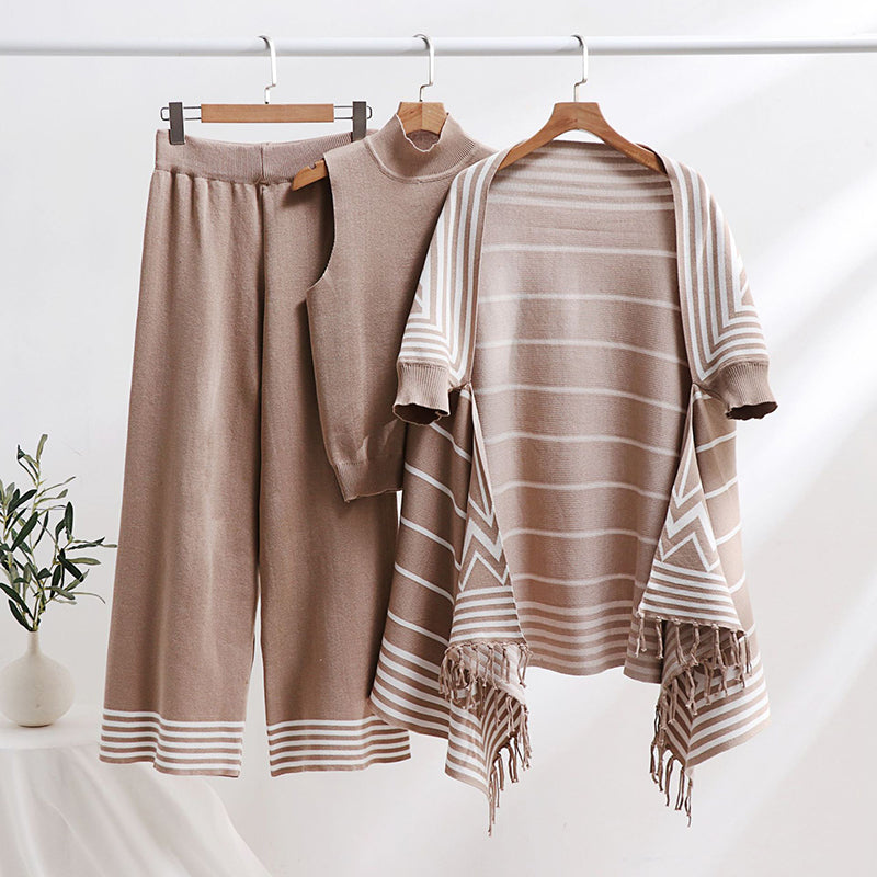 Striped Versatile Collar Knit Vest, Fringe Shawl & Wide-Leg Pants Set