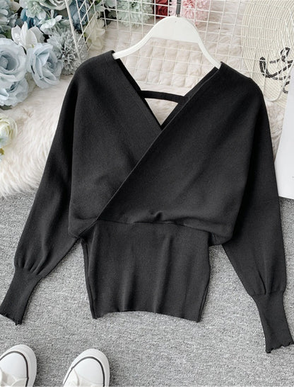 Deep V-Neck Batwing Sleeve Knit Sweater