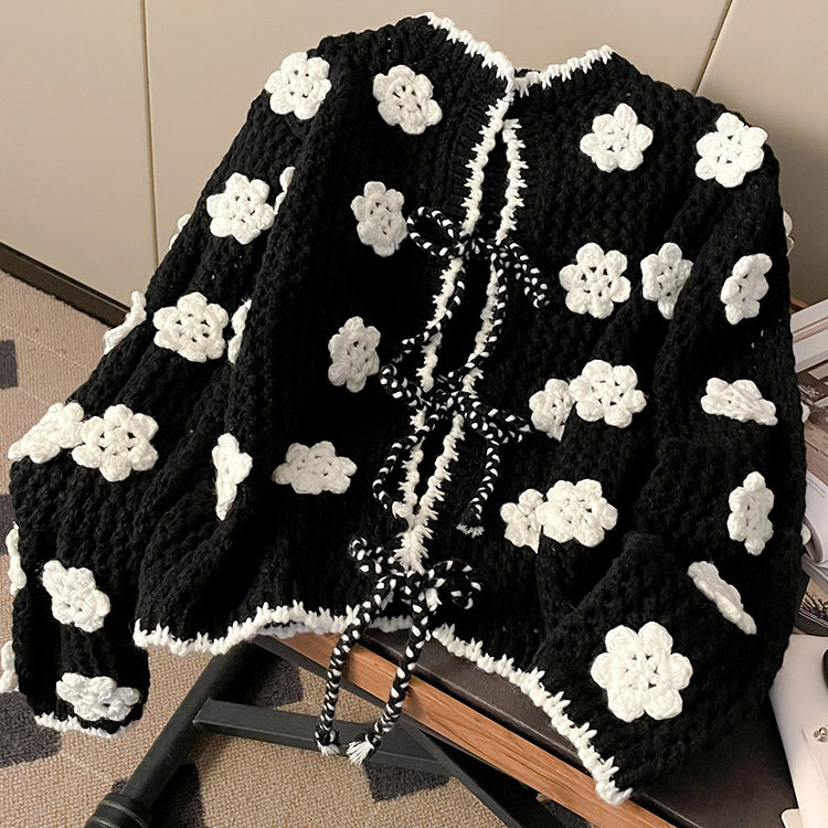 Crocheted Floral Tie-Front Cardigan