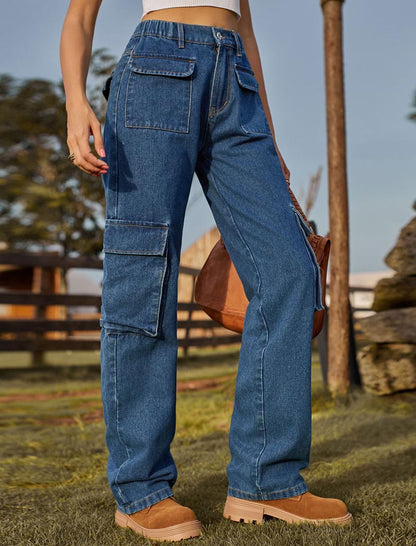 Utility Denim Cargo Pants with Elastic Waist