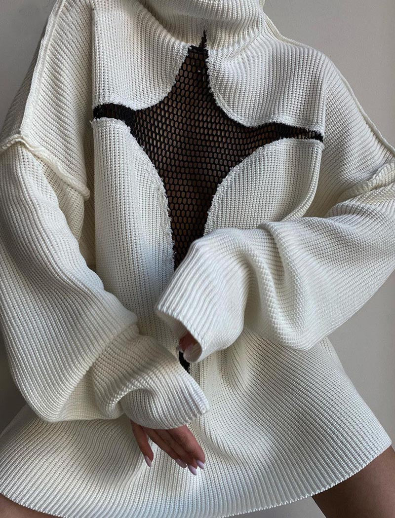 Mesh Star Cutout Turtleneck Sweater