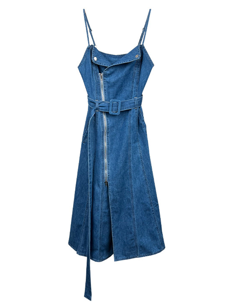 Belted Denim Cami Midi Dress