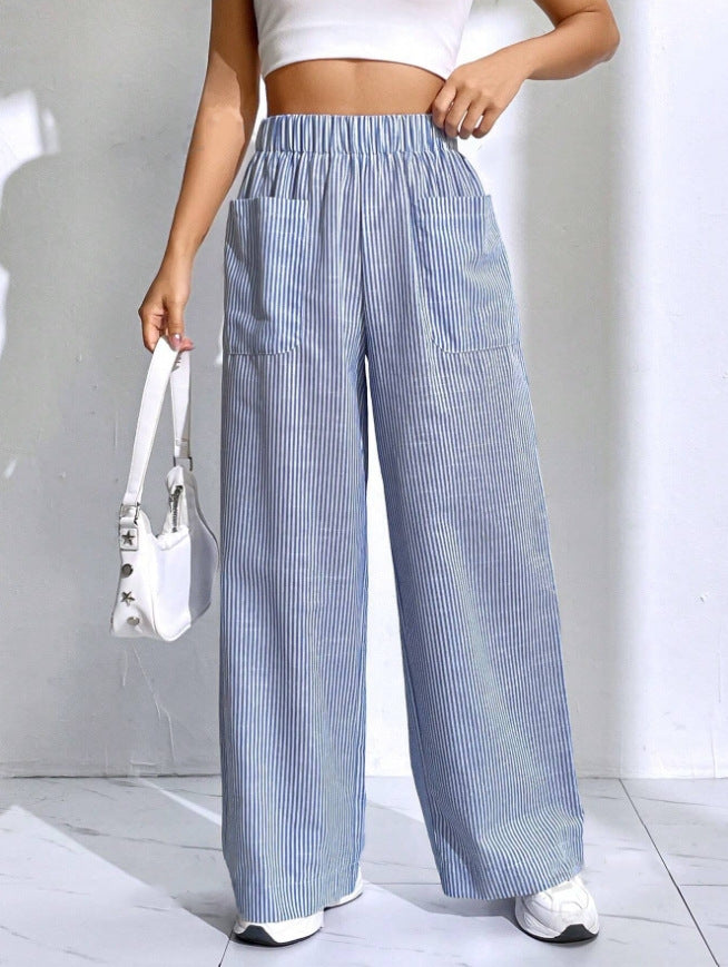 Elastic Striped Wide-Leg Pants