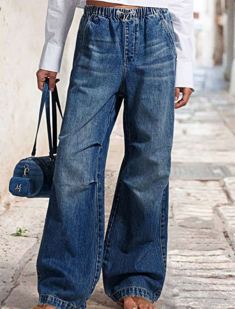 Mid-Rise Pleated Wide-Leg Denim Pants