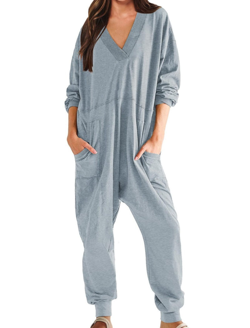 V-Neck Pockets Jumpsuit