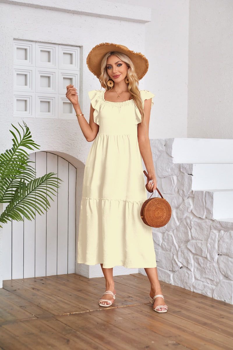 Solid Ruffle Sleeve Midi Dress