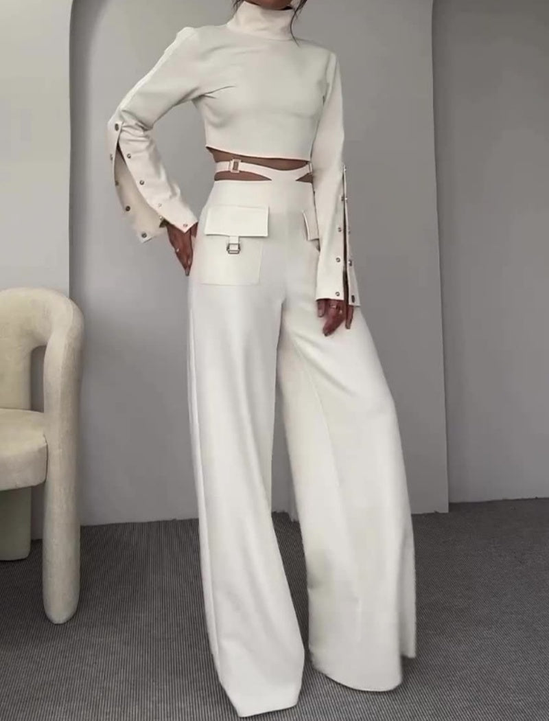 High Neck Crop Top and Wide Leg Pants Set