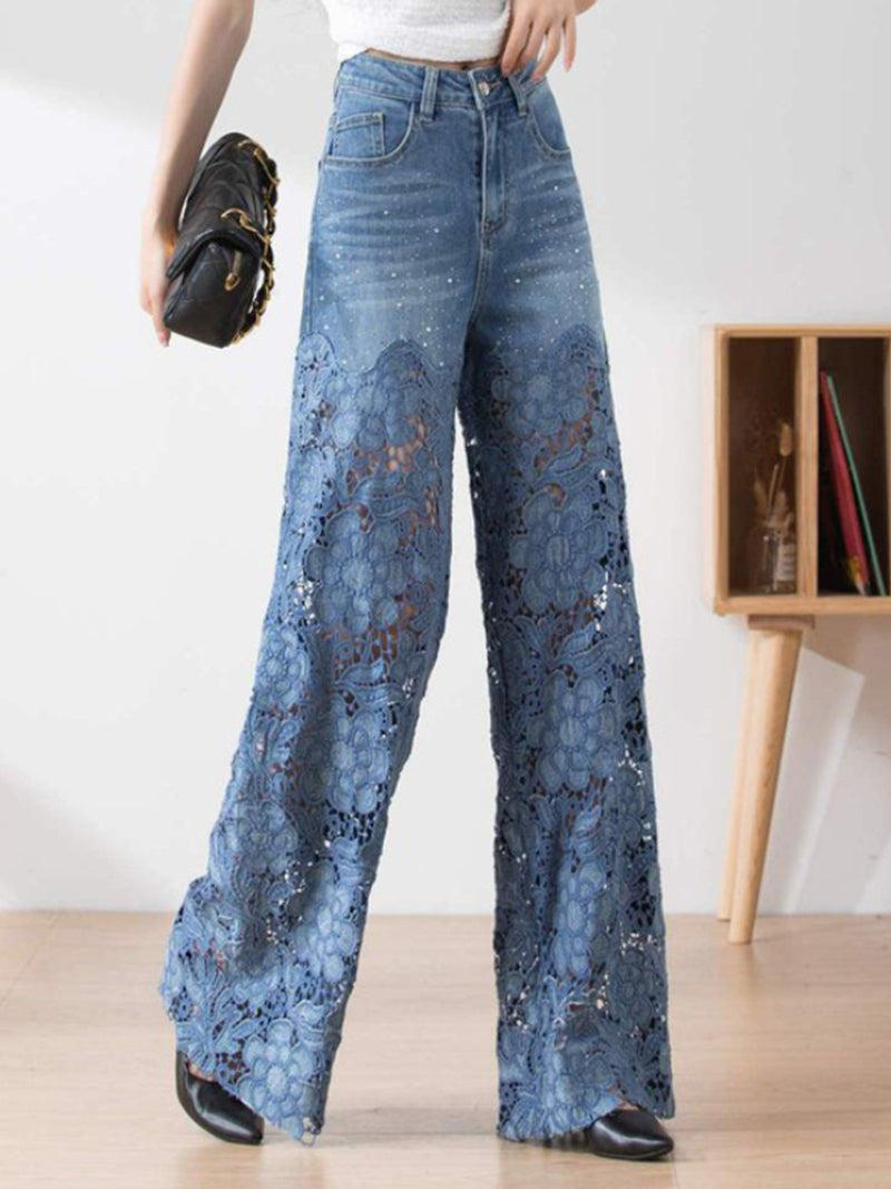 Lace Denim Wide-Leg Pants