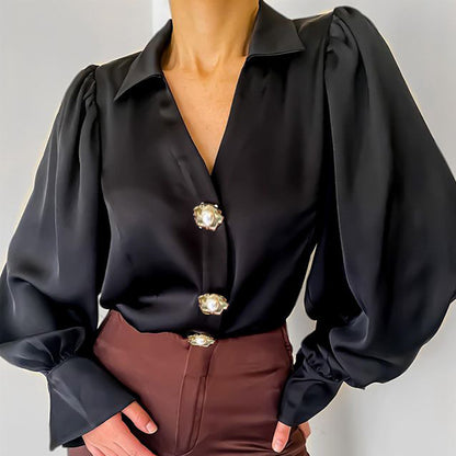 Satin Button-Up Blouse with Statement Sleeves