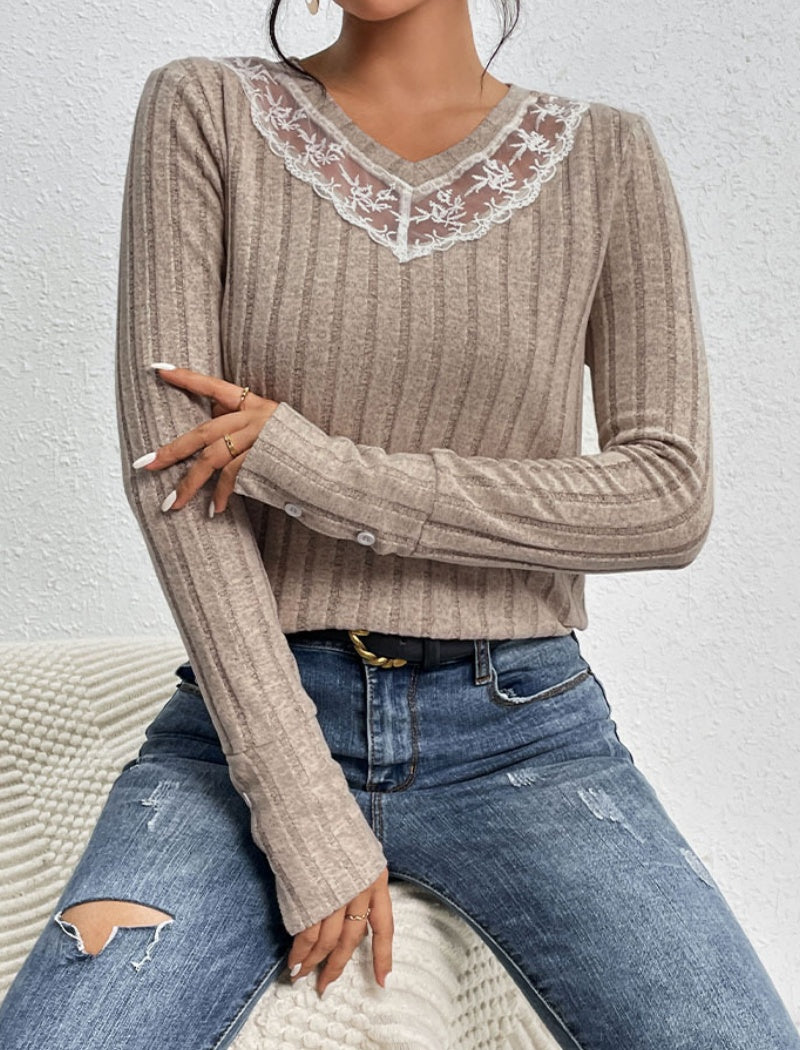 Ribbed V-Neck Top with Lace Accent