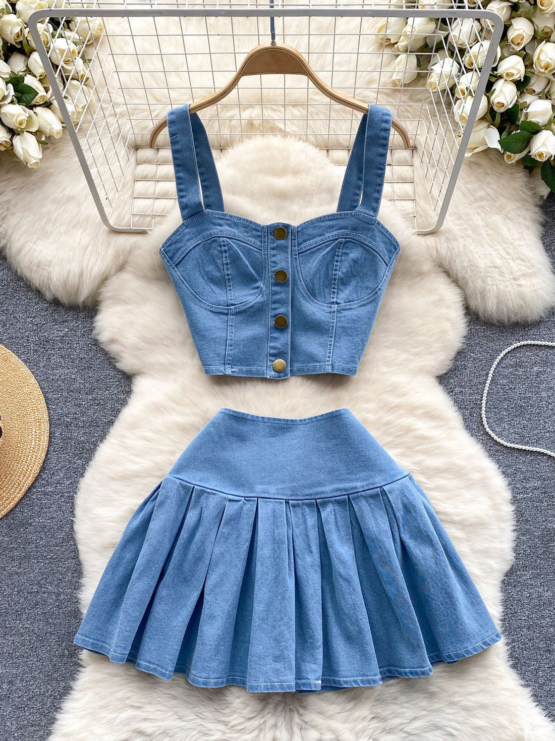 Denim Corset Top & Pleated Mini Skirt Set