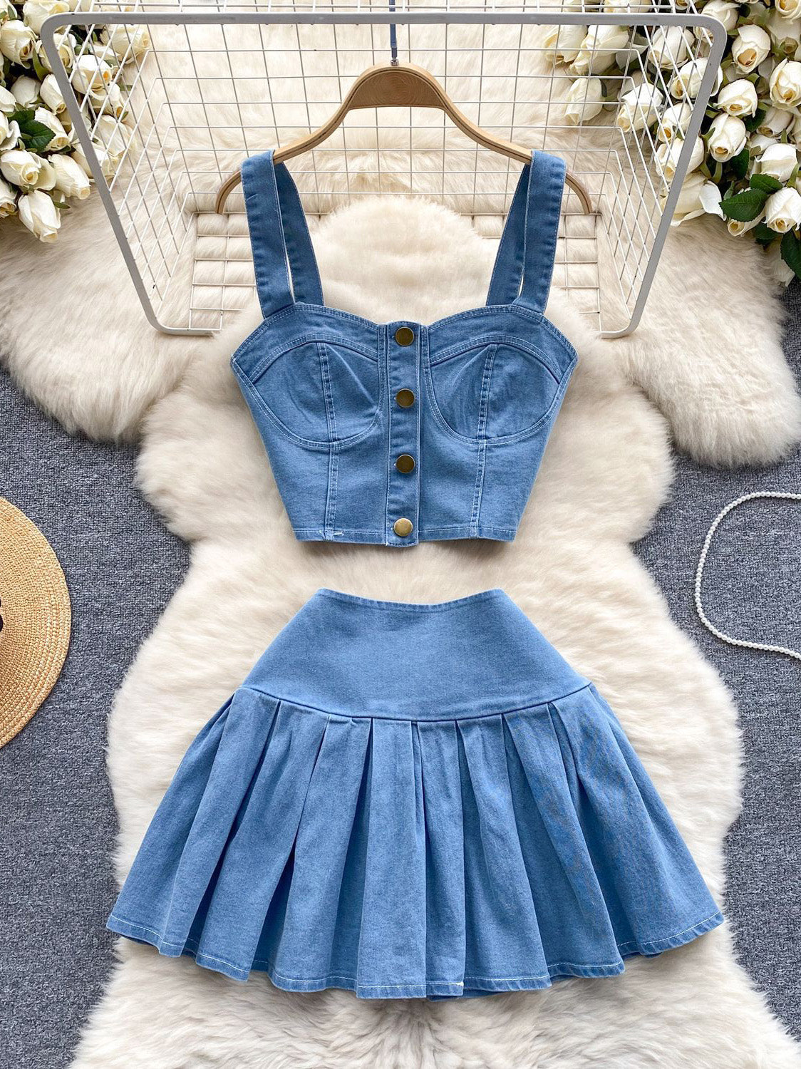 Denim Corset Top &amp; Pleated Mini Skirt Set