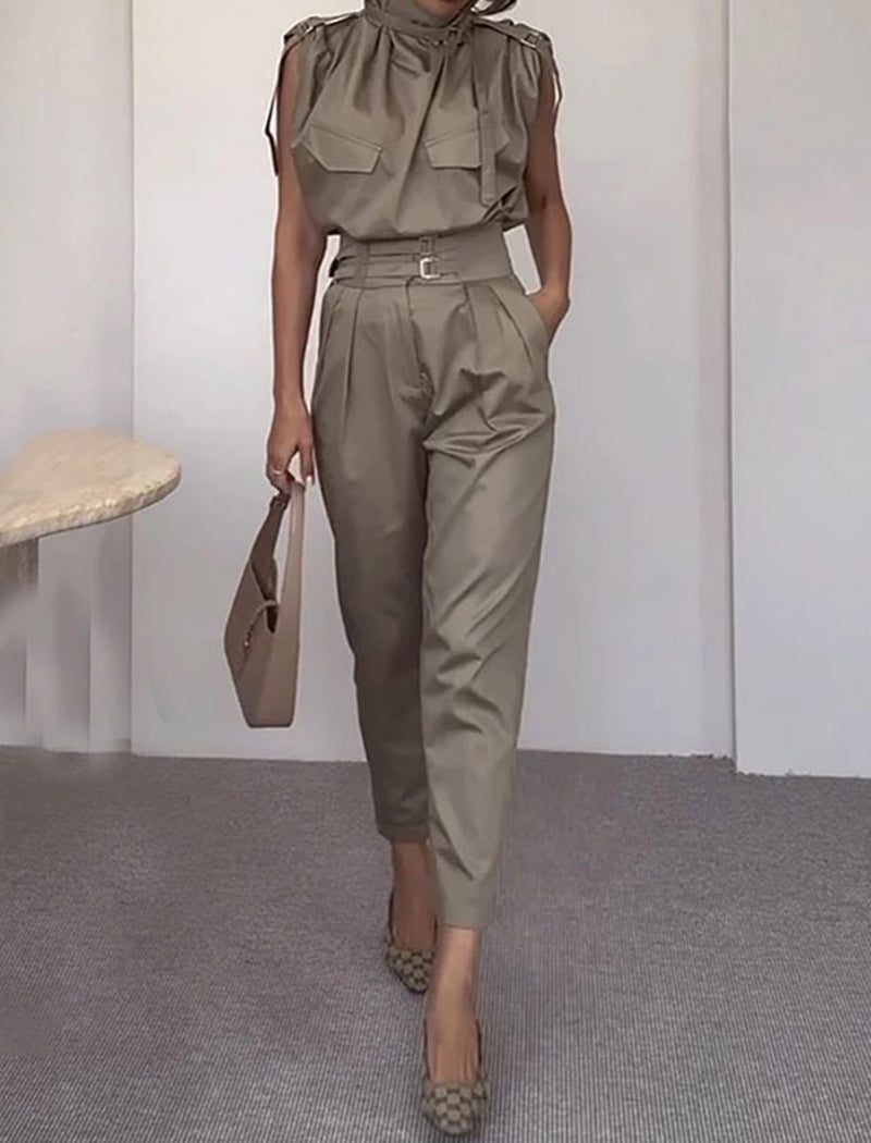 Sleeveless Belted Jumpsuit with Pockets