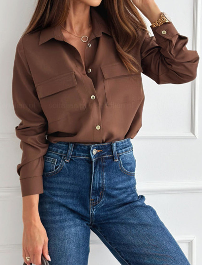 Solid Rolled Sleeve Single-Button Long Sleeve Shirt