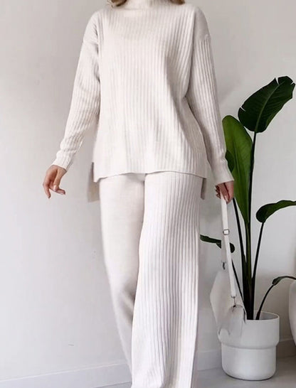 Ribbed Knit Top and Wide-Leg Pants Set