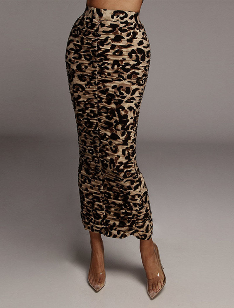 Leopard Print Ruched Maxi Skirt