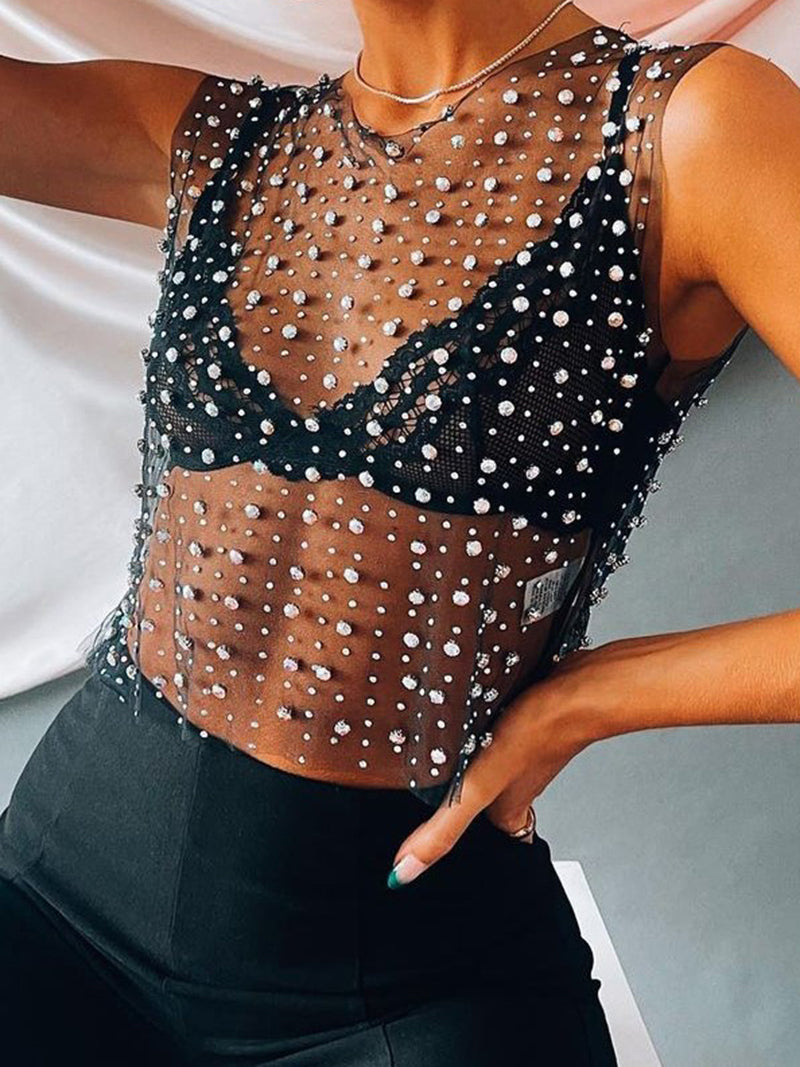 Rhinestone Sheer Mesh Crop Top