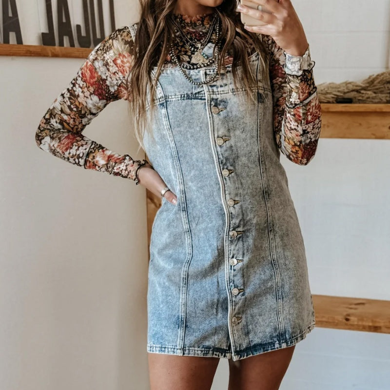 Button-Front Denim Mini Dress