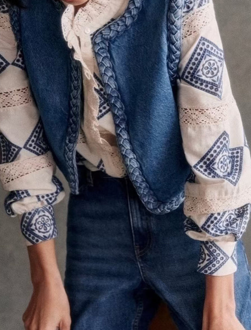 Denim Vest with Braided Trim
