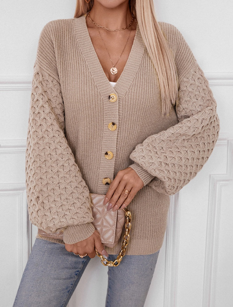 V-Neck Textured Sleeve Buttoned Cardigan