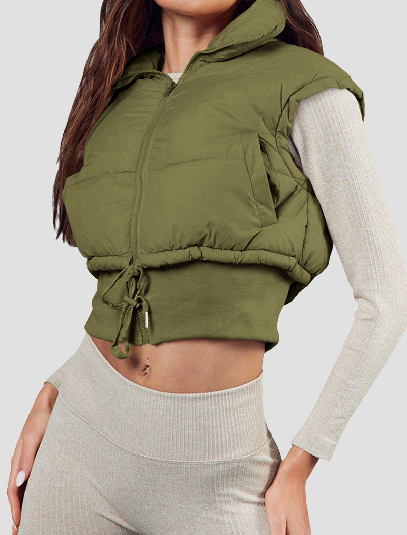 Crop Padded Vest with Drawstring and Zipper