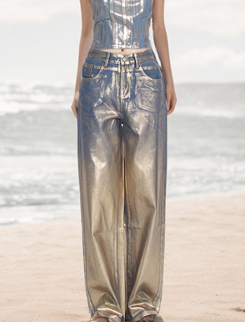 Metallic Wide-Leg High-Waist Pants