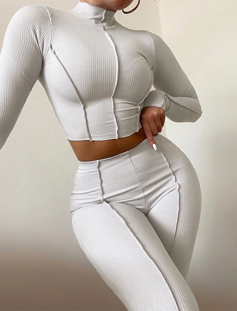 High-Neck Long-Sleeve Crop Top and Leggings Set