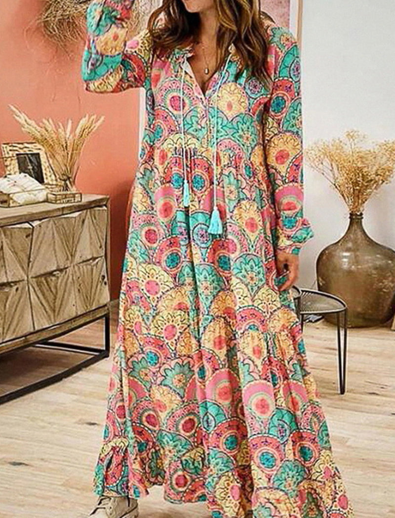 Bohemian Floral Maxi Dress with Tassel Tie