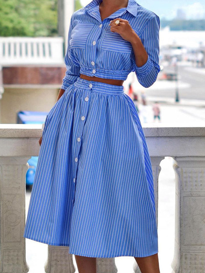 Striped Button-Up Shirt and Skirt Set