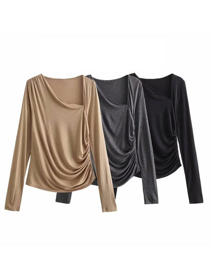 Draped Ruched Long-Sleeve Top