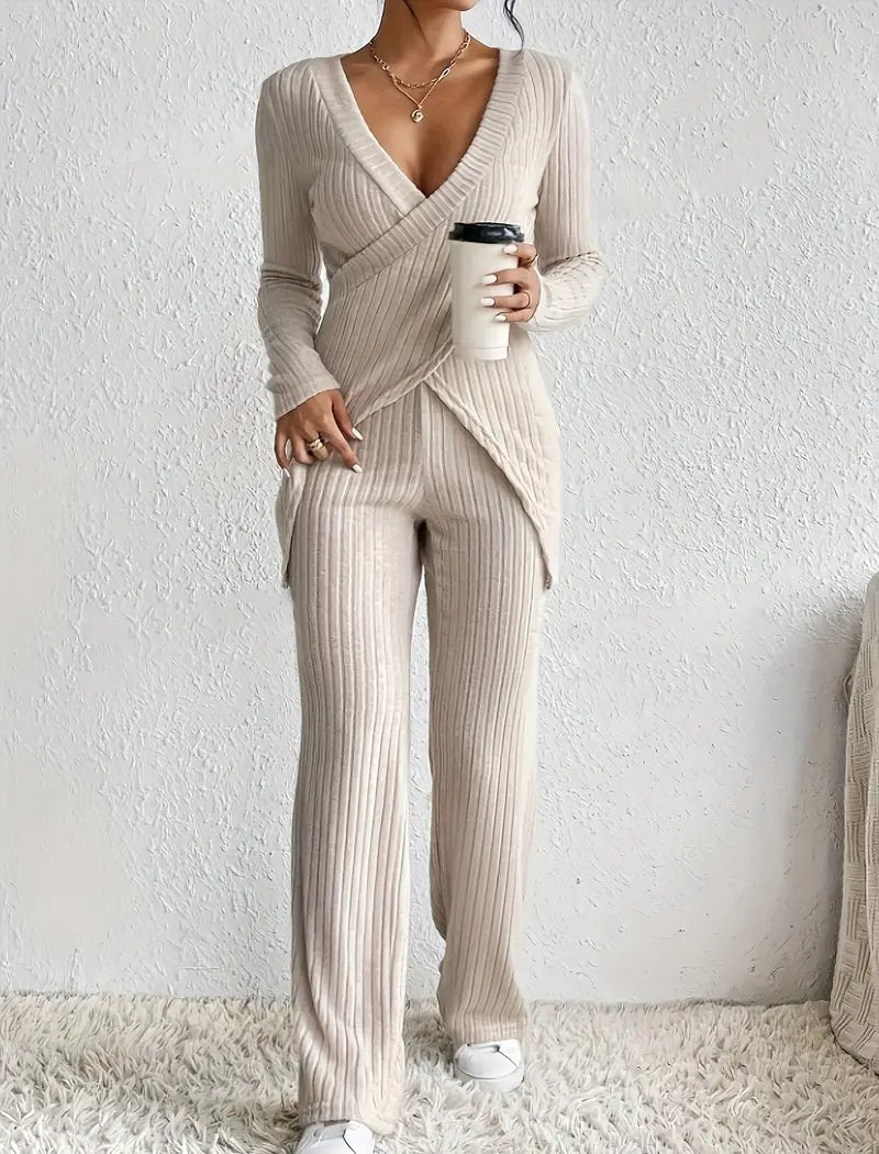 High-Waist Knit Long Sleeve Pants Set